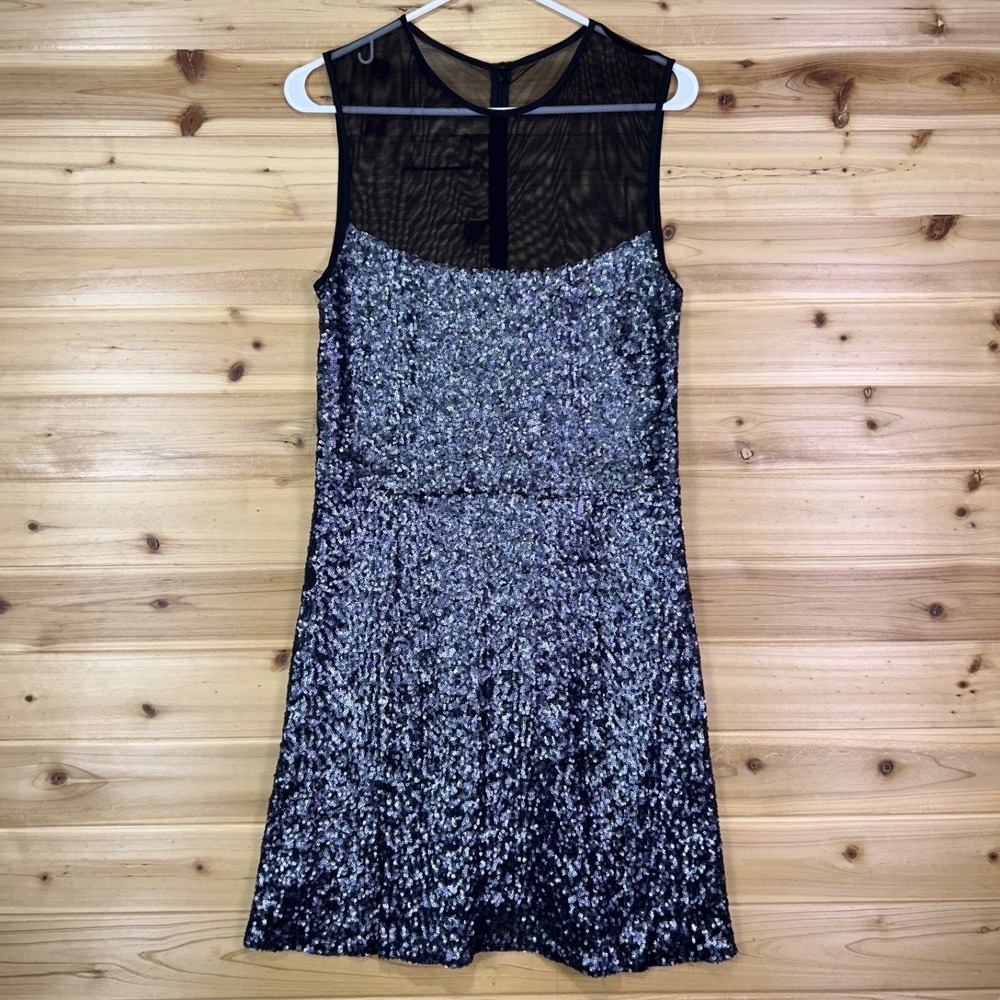 Nicole Miller Dress Womens 10 Silver Sequin Mesh Neck Sleeveless Mini Dress